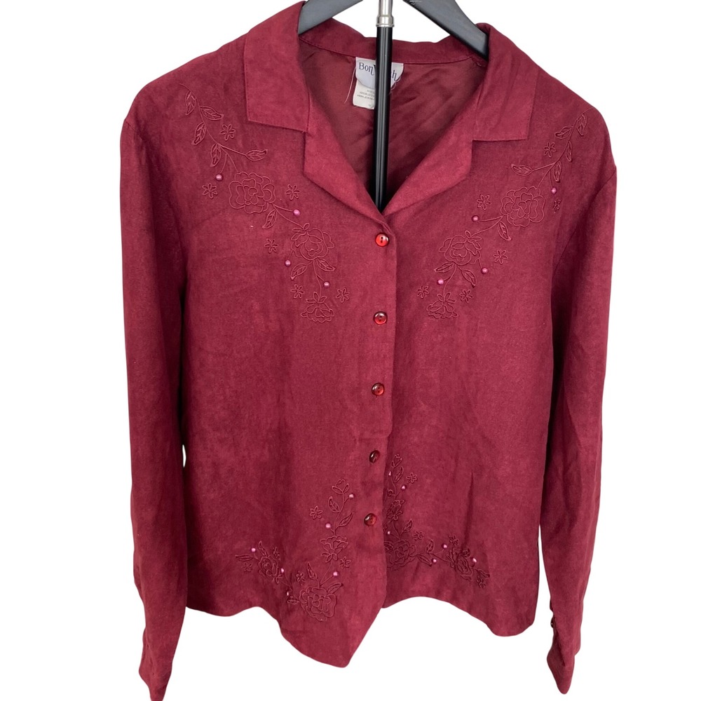BonWorth Burgundy Faux Suede Floral Embroidered Beaded Button Down Top Medium